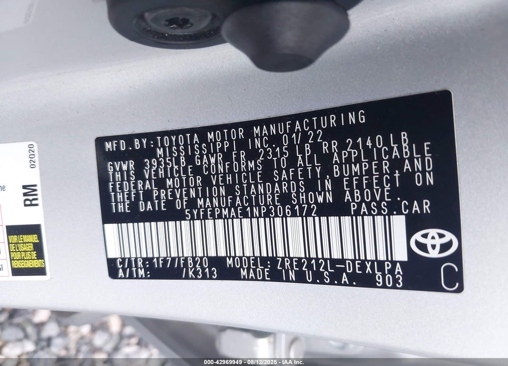 2022 TOYOTA COROLLA VIN: 5YFEPMAE1NP306172