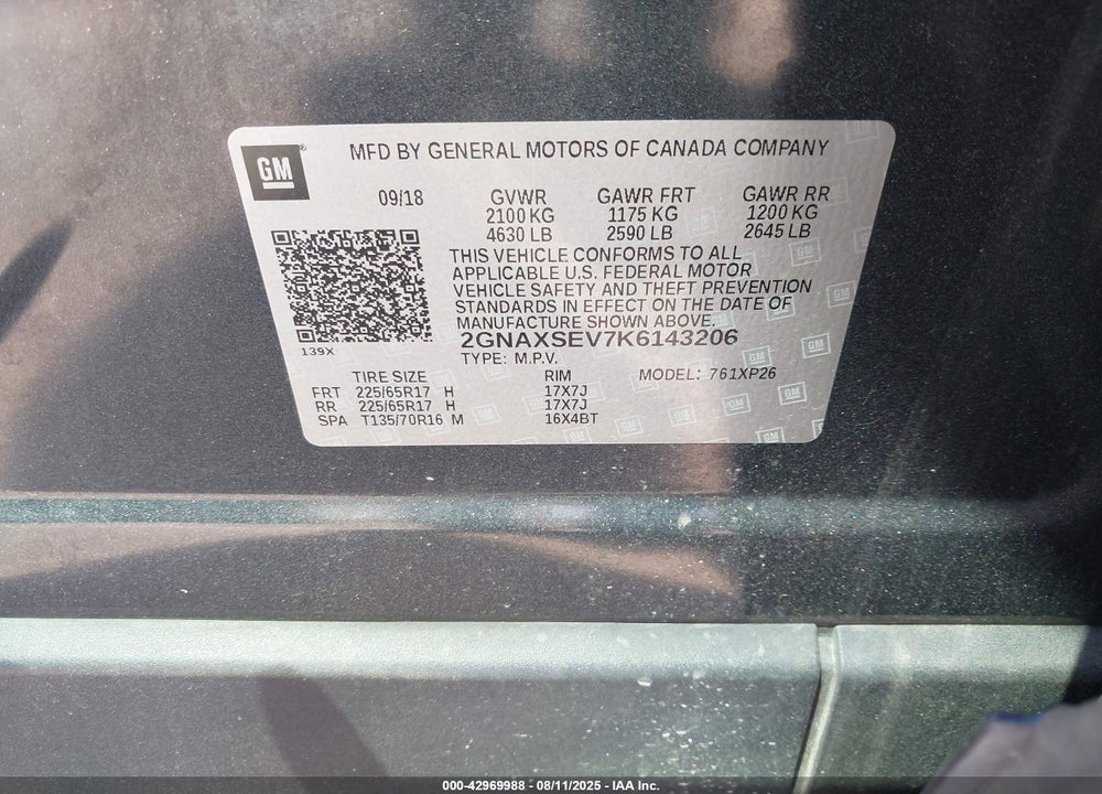 2019 CHEVROLET EQUINOX VIN: 2GNAXSEV7K6143206