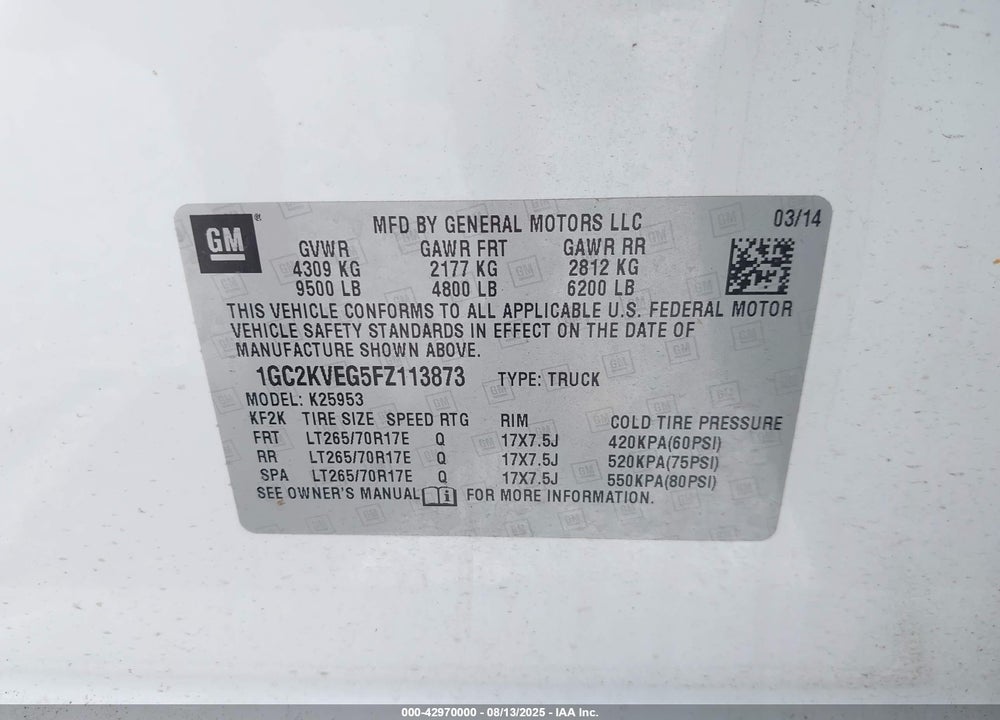 2015 CHEVROLET SILVERADO 2500 VIN: 1GC2KVEG5FZ113873