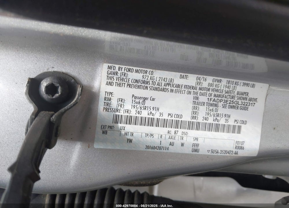 2016 FORD FOCUS VIN: 1FADP3E25GL322317