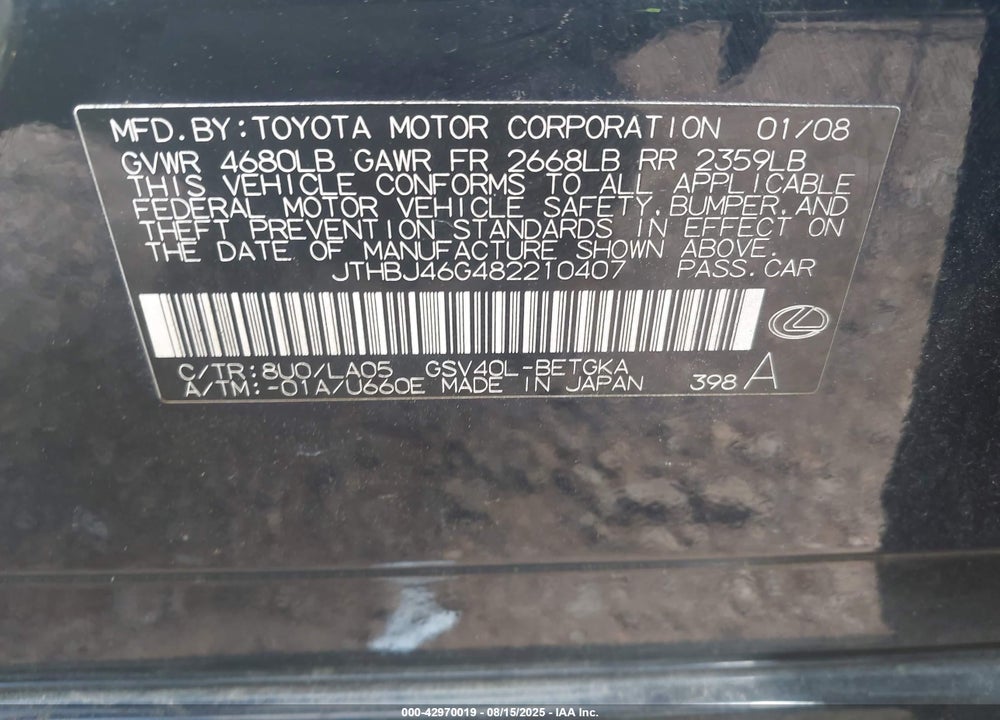 2008 LEXUS ES 350 VIN: JTHBJ46G482210407