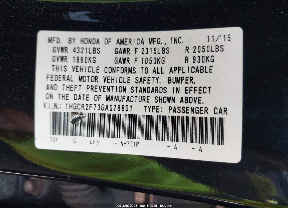 2016 HONDA ACCORD VIN: 1HGCR2F73GA078801