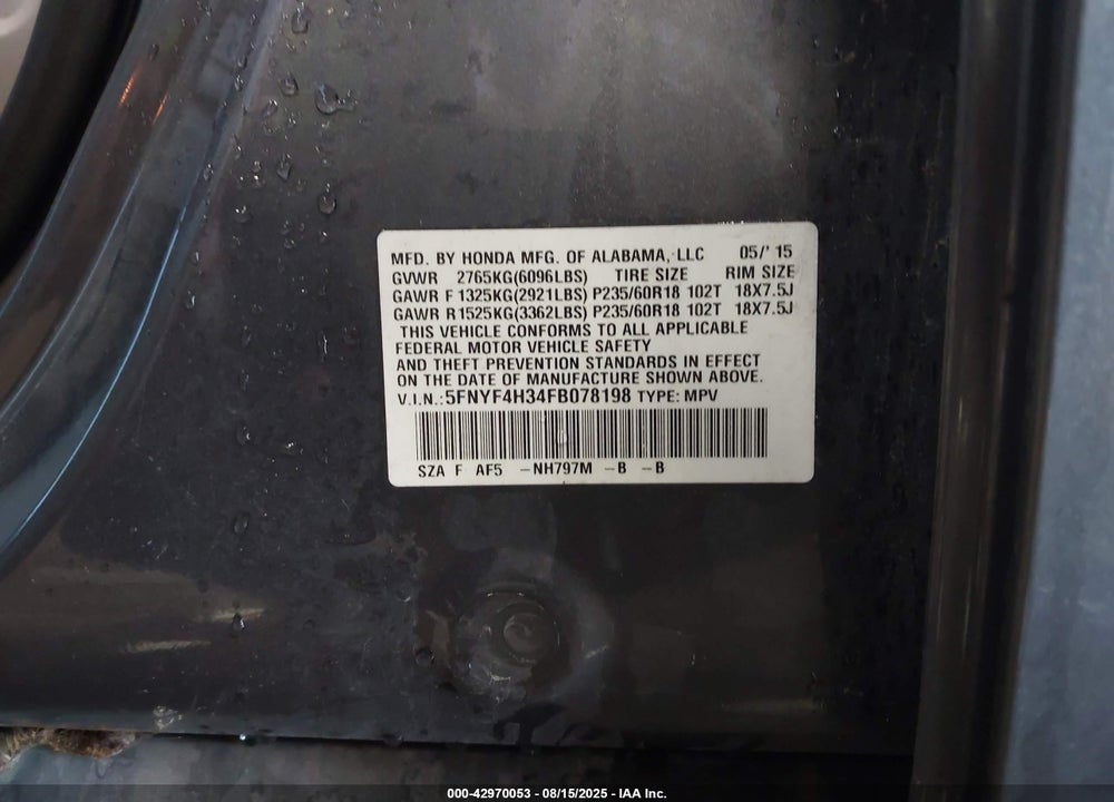 2015 HONDA PILOT SE VIN: 5FNYF4H34FB078198