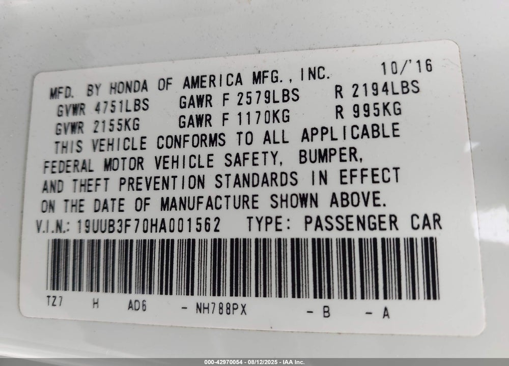 2017 ACURA TLX ADVANCE PACKAGE VIN: 19UUB3F70HA001562
