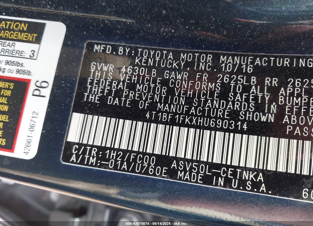 2017 TOYOTA CAMRY LE VIN: 4T1BF1FKXHU690314