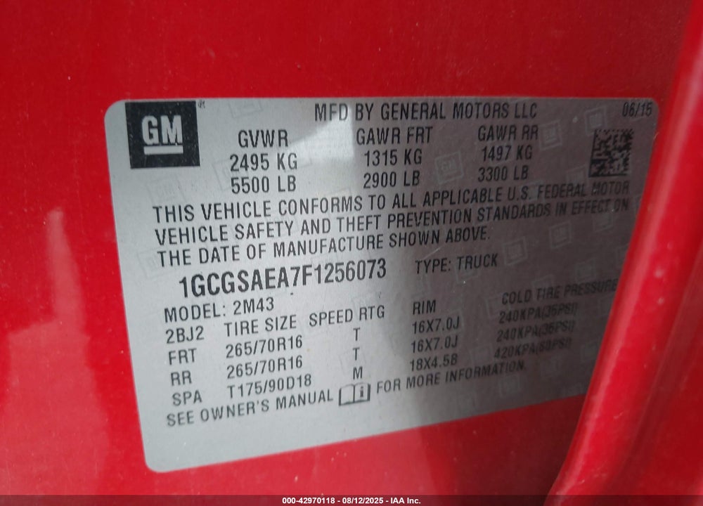 2015 CHEVROLET COLORADO VIN: 1GCGSAEA7F1256073