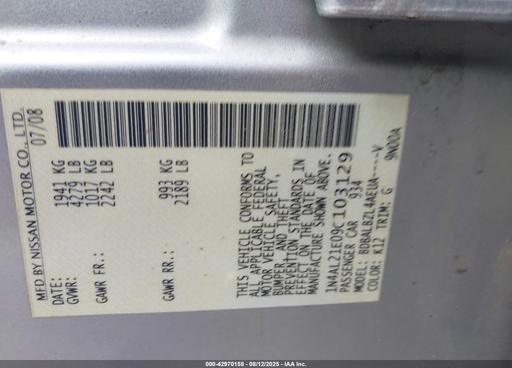 2009 NISSAN ALTIMA VIN: 1N4AL21E09C103129