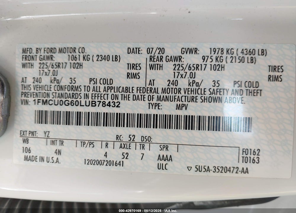 2020 FORD ESCAPE VIN: 1FMCU0G60LUB78432