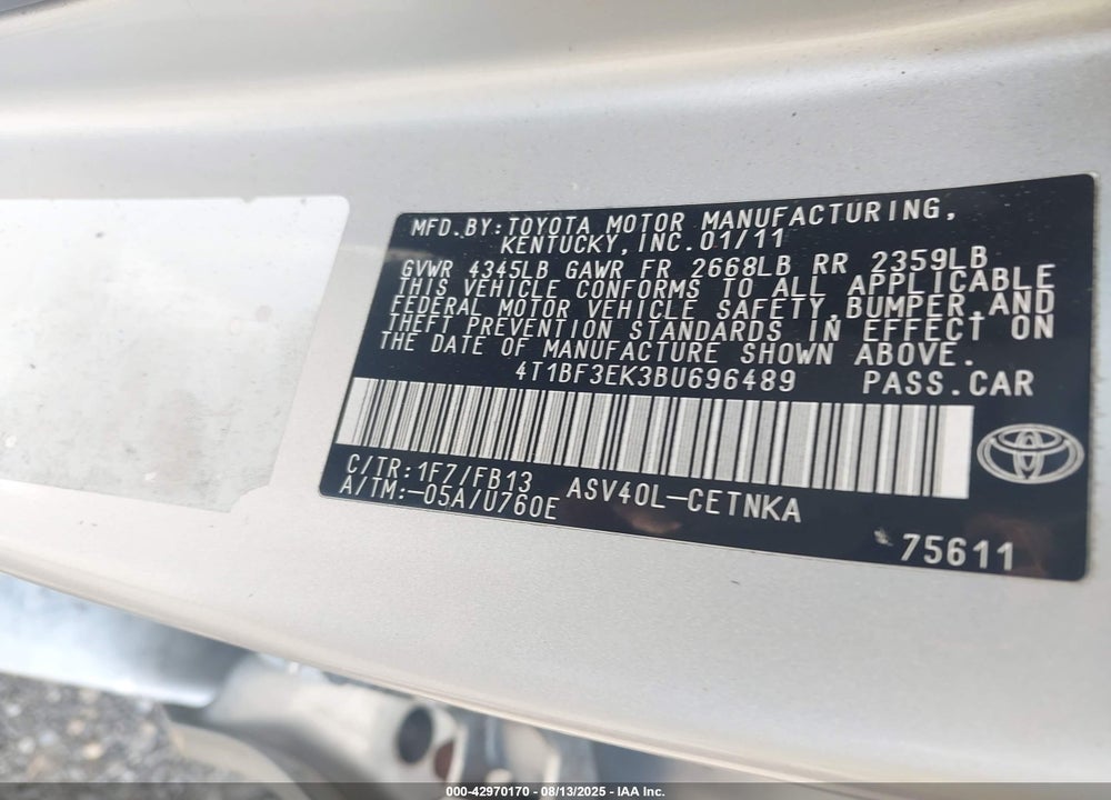 2011 TOYOTA CAMRY VIN: 4T1BF3EK3BU696489