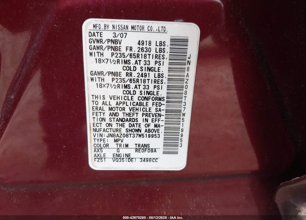 2007 NISSAN MURANO SL VIN: JN8AZ08T37W519953