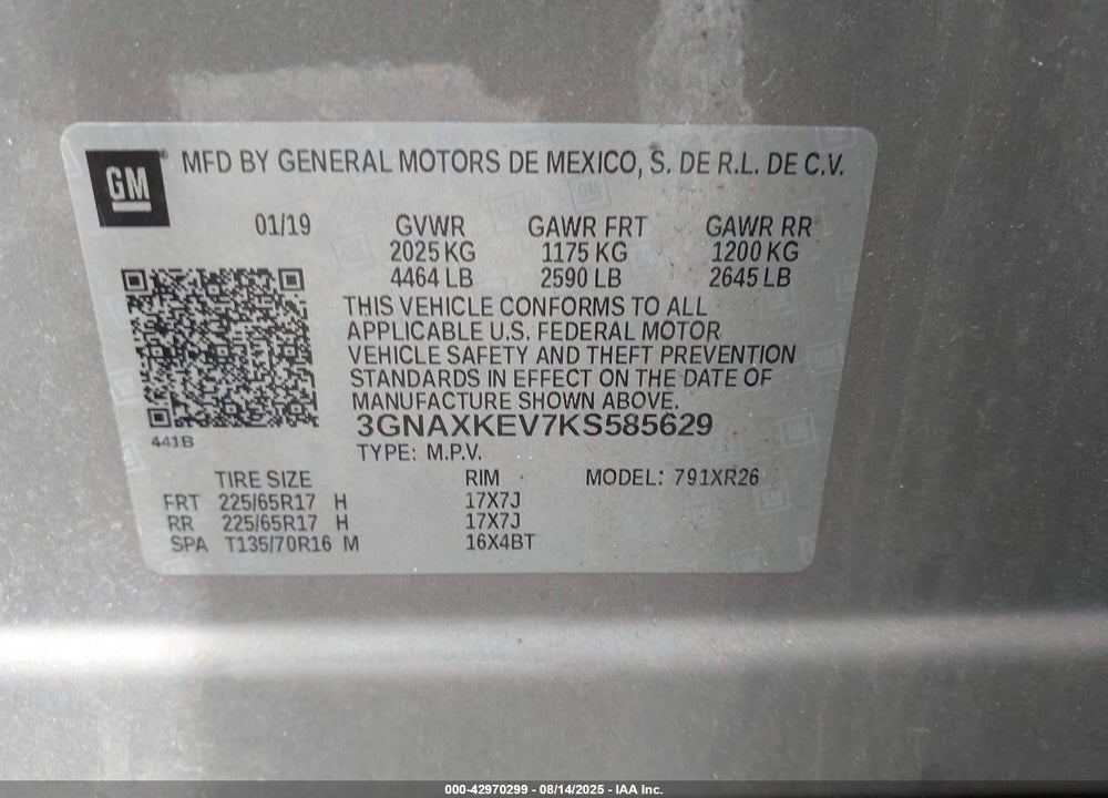 2019 CHEVROLET EQUINOX VIN: 3GNAXKEV7KS585629
