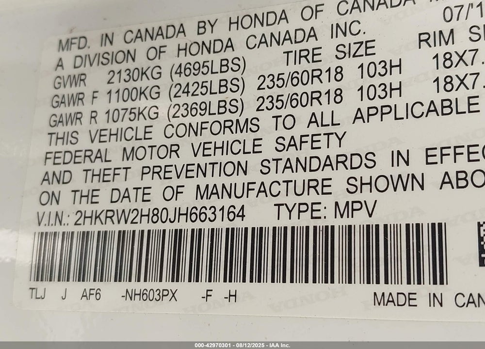 2018 HONDA CR-V VIN: 2HKRW2H80JH663164