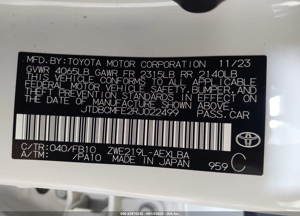 2024 TOYOTA COROLLA HYBRID LE VIN: JTDBCMFE2RJ022499