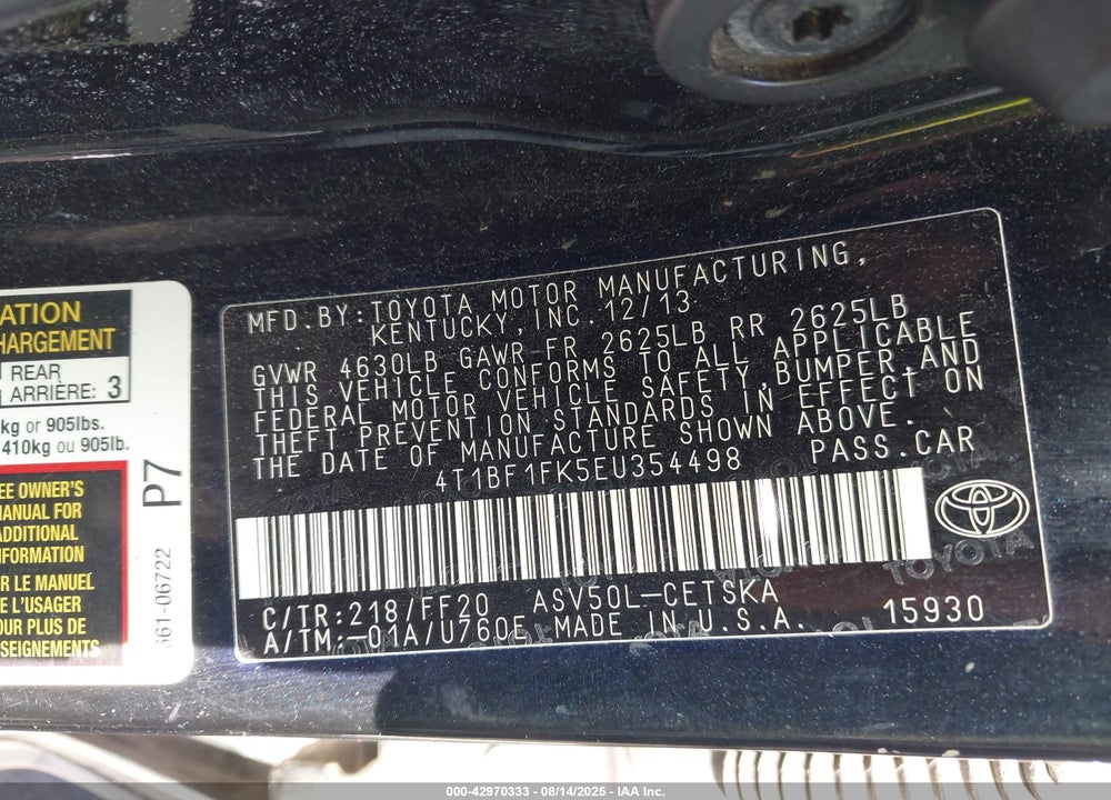 2014 TOYOTA CAMRY VIN: 4T1BF1FK5EU354498