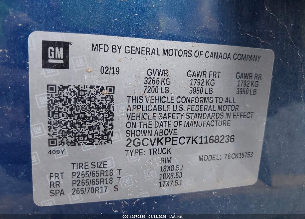 2019 CHEVROLET SILVERADO 1500 VIN: 2GCVKPEC7K1168236