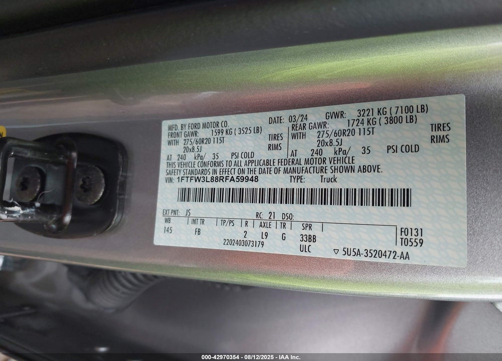 2024 FORD F-150 VIN: 1FTFW3L88RFA59948