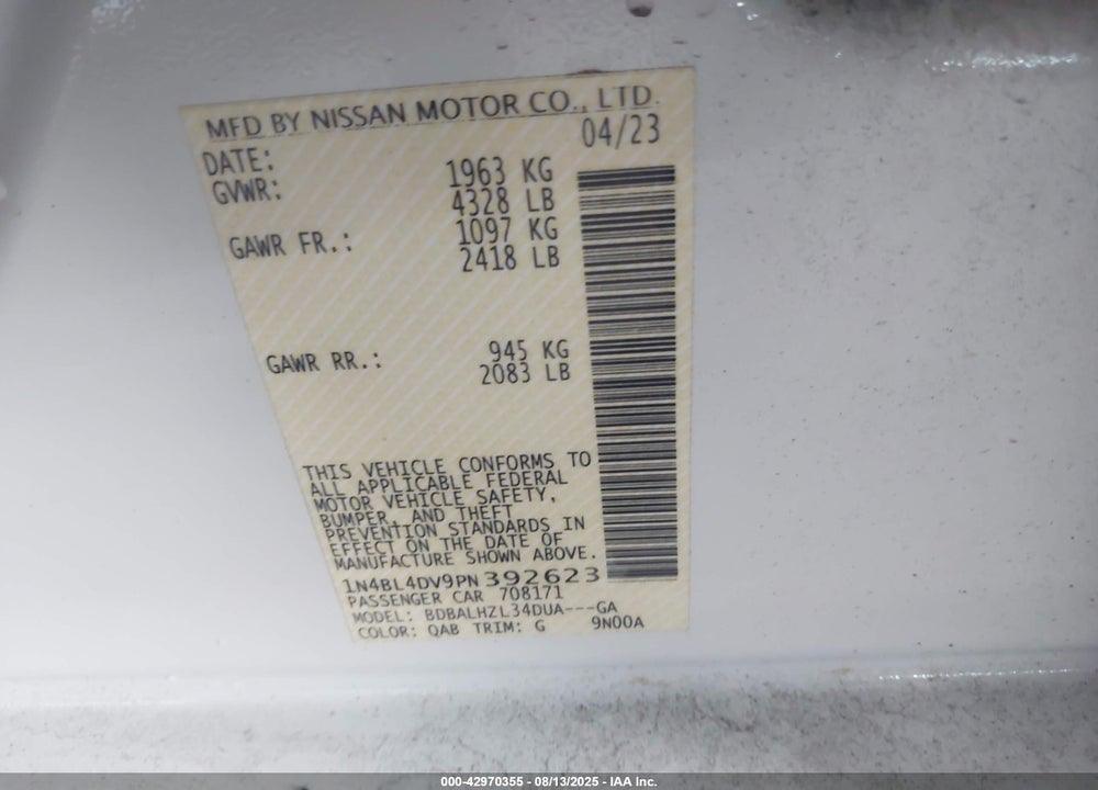 2023 NISSAN ALTIMA VIN: 1N4BL4DV9PN392623