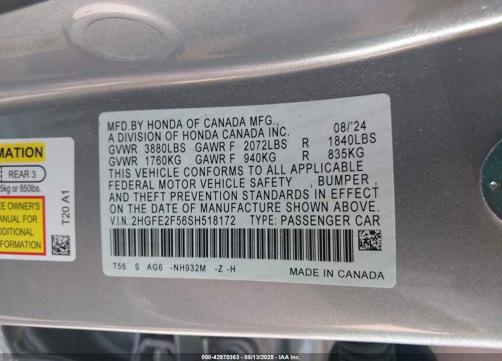 2025 HONDA CIVIC VIN: 2HGFE2F56SH518172