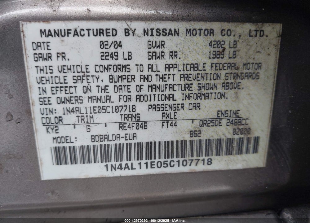 2005 NISSAN ALTIMA 2.5 S VIN: 1N4AL11E05C107718