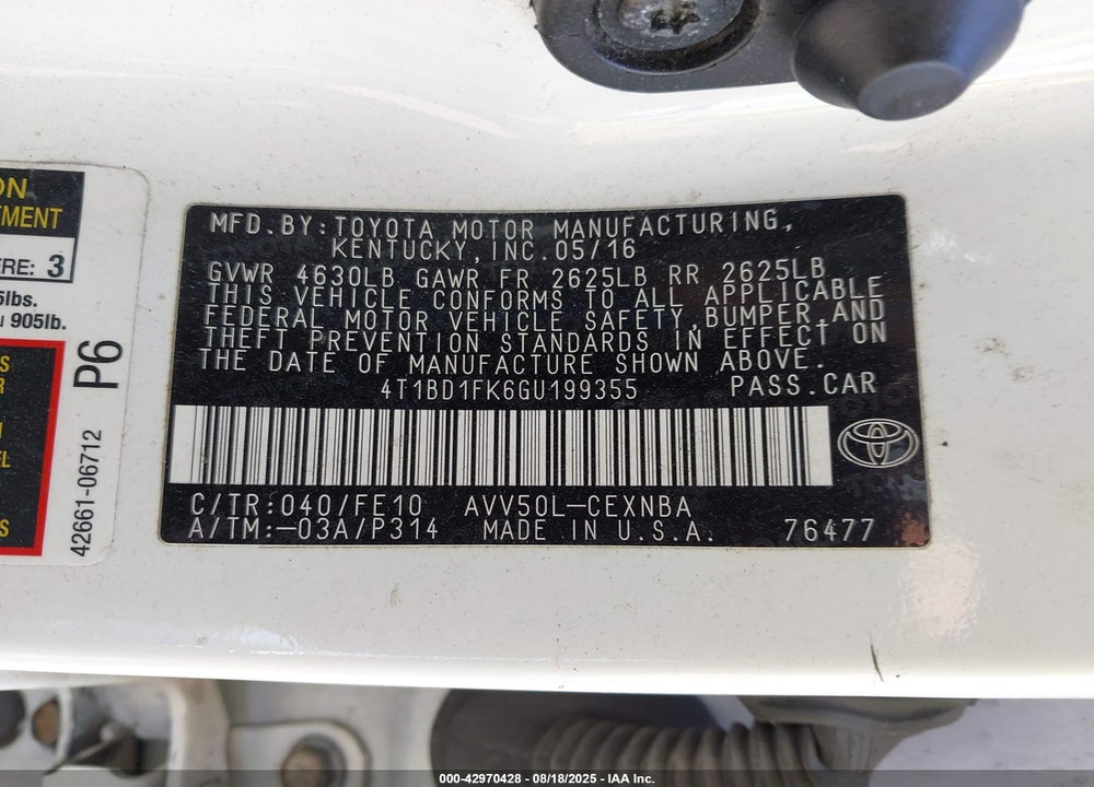 2016 TOYOTA CAMRY HYBRID VIN: 4T1BD1FK6GU199355