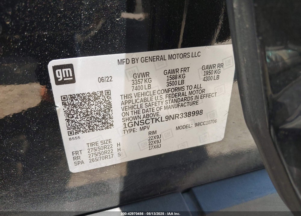 2022 CHEVROLET TAHOE 2WD HIGH COUNTRY VIN: 1GNSCTKL9NR338998