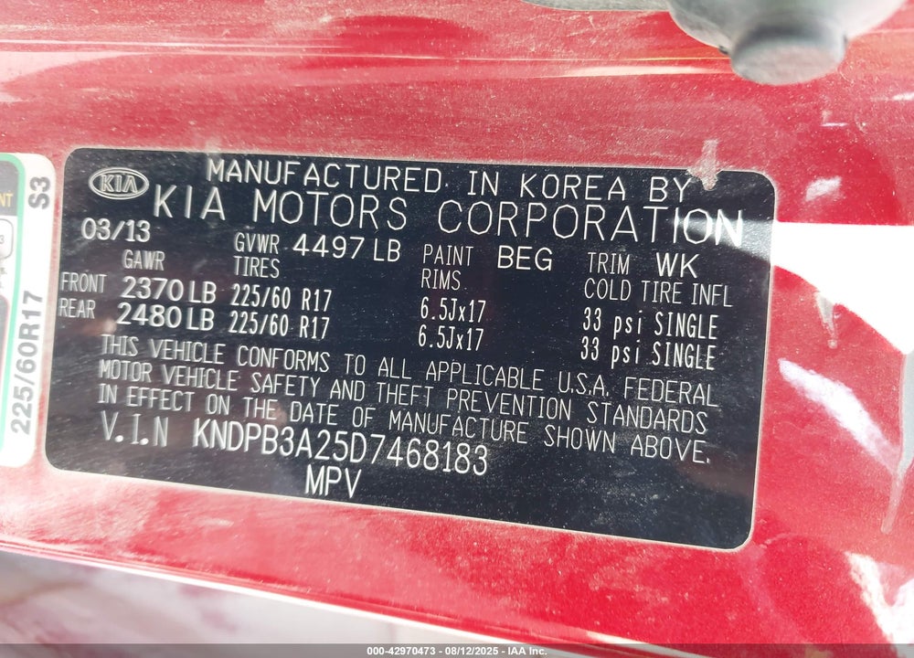 2013 KIA SPORTAGE VIN: KNDPB3A25D7468183