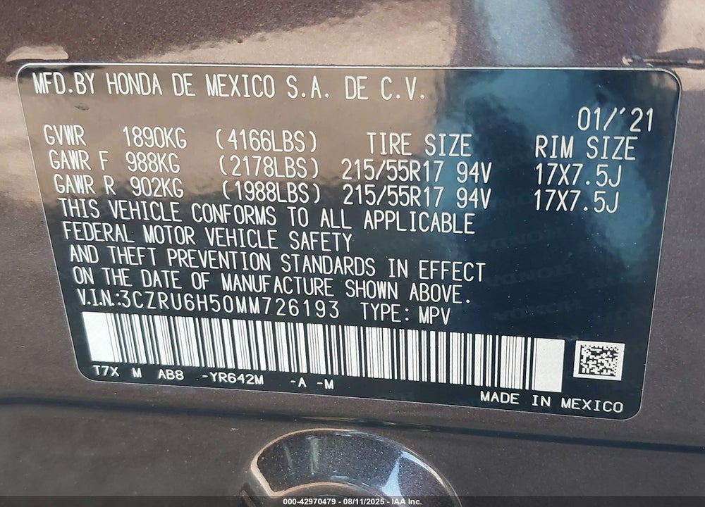 2021 HONDA HR-V VIN: 3CZRU6H50MM726193