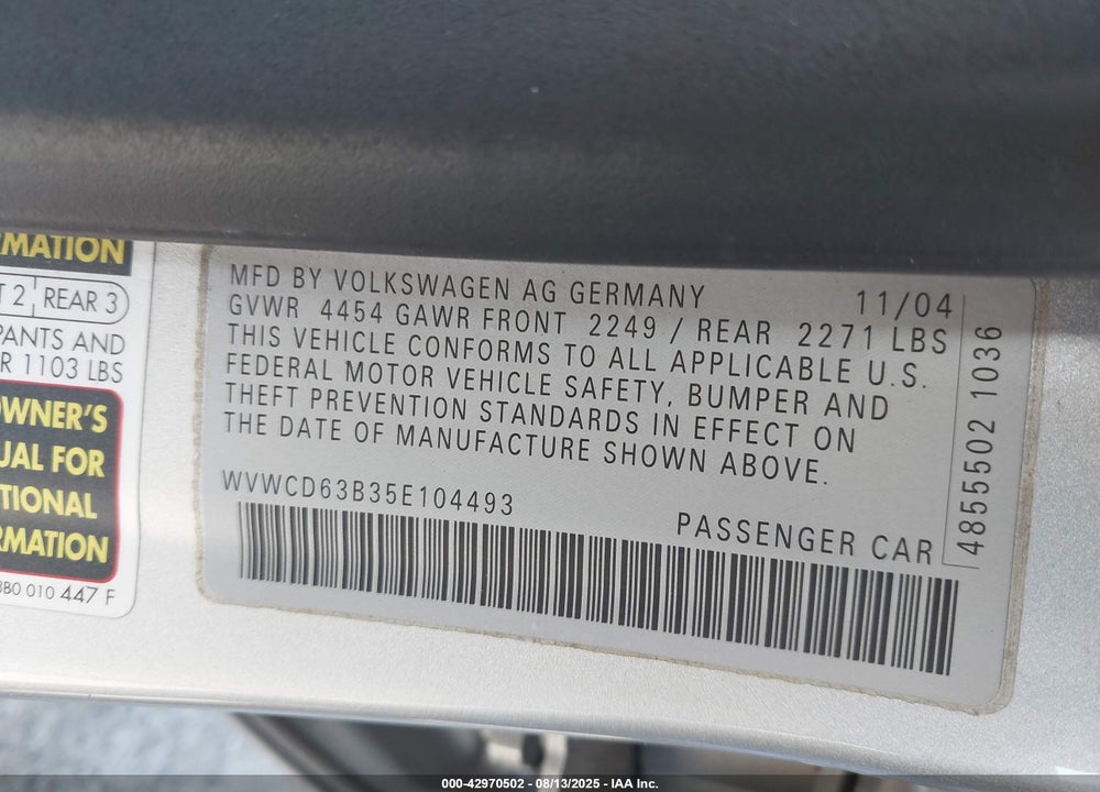 2005 VOLKSWAGEN PASSAT WAGON GLS VIN: WVWCD63B35E104493