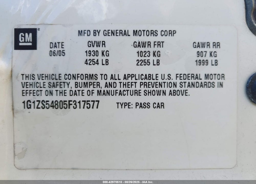 2005 CHEVROLET MALIBU VIN: 1G1ZS54805F317577