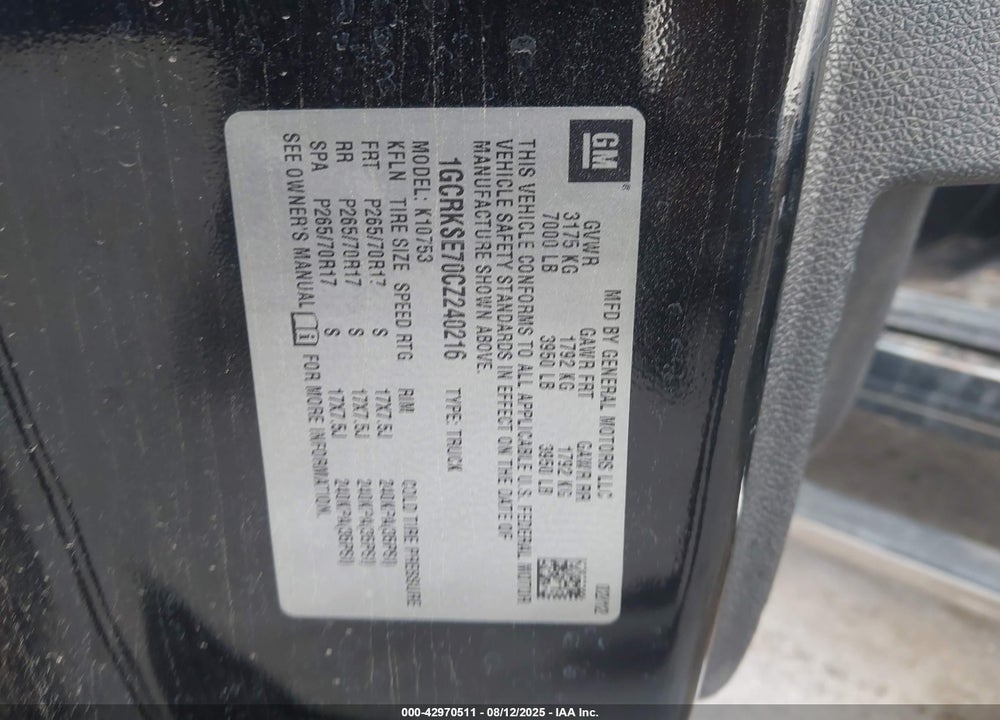 2012 CHEVROLET SILVERADO 1500 VIN: 1GCRKSE70CZ240216
