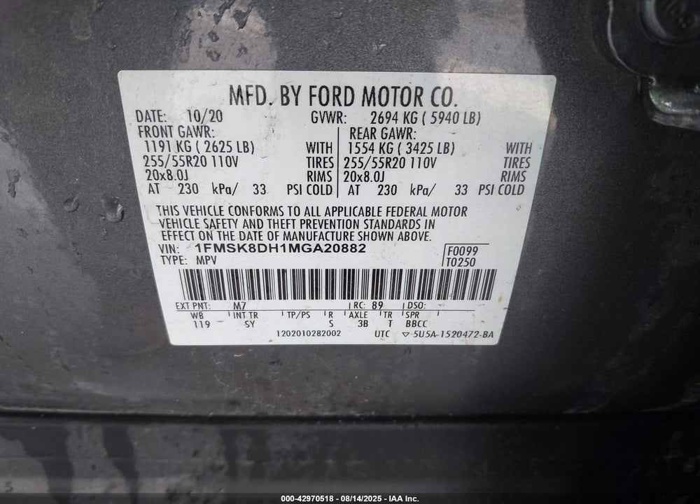 2021 FORD EXPLORER VIN: 1FMSK8DH1MGA20882