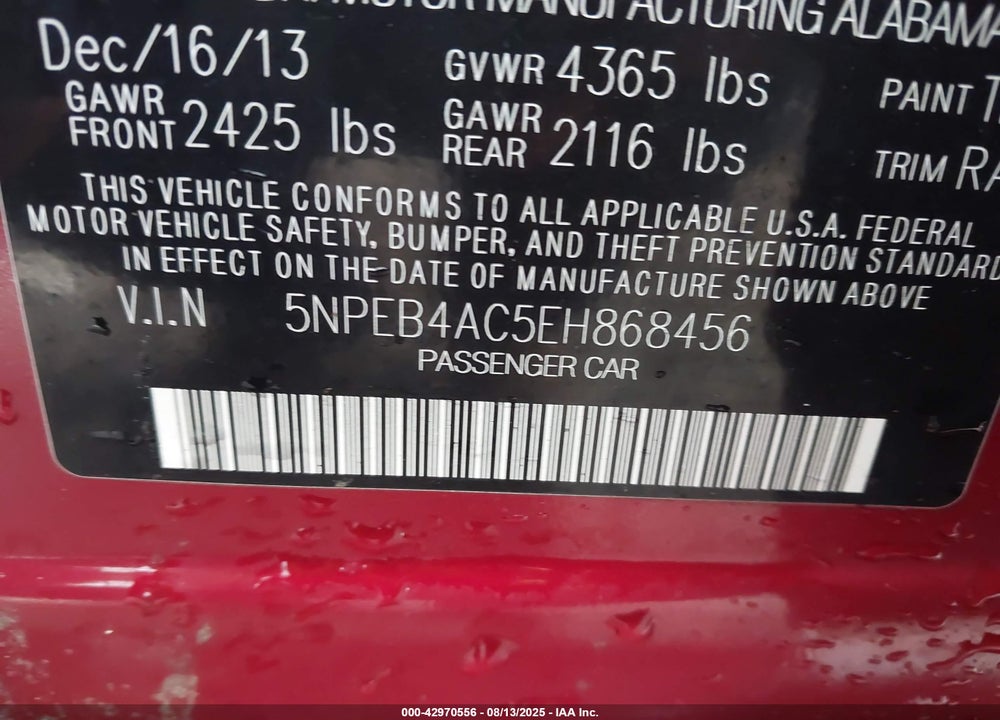 2014 HYUNDAI SONATA VIN: 5NPEB4AC5EH868456