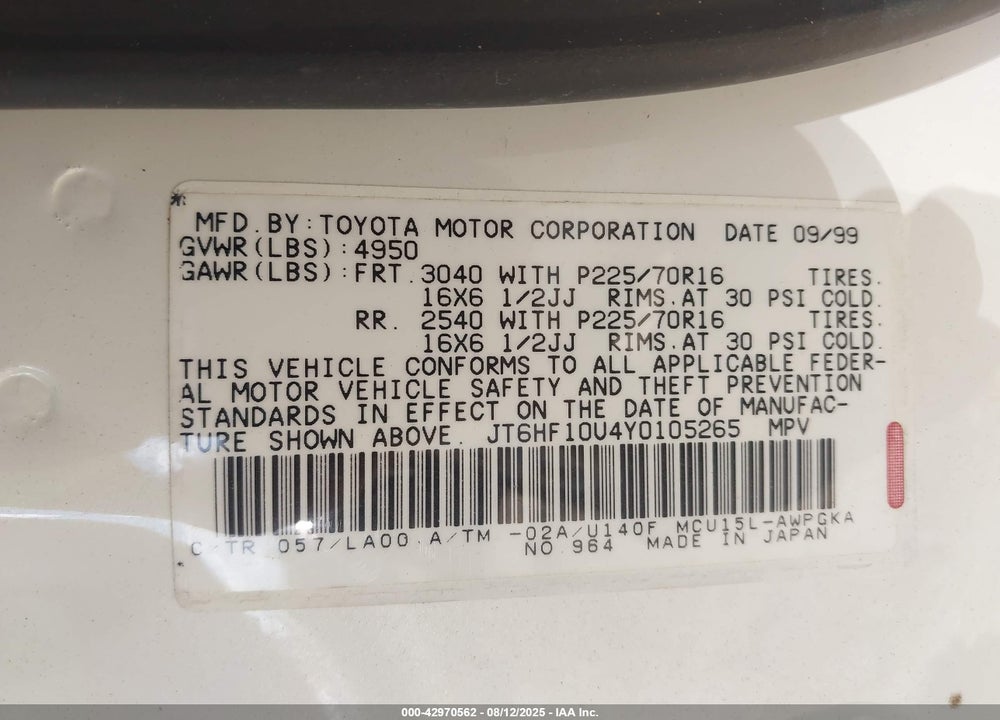 2000 LEXUS RX 300 VIN: JT6HF10U4Y0105265