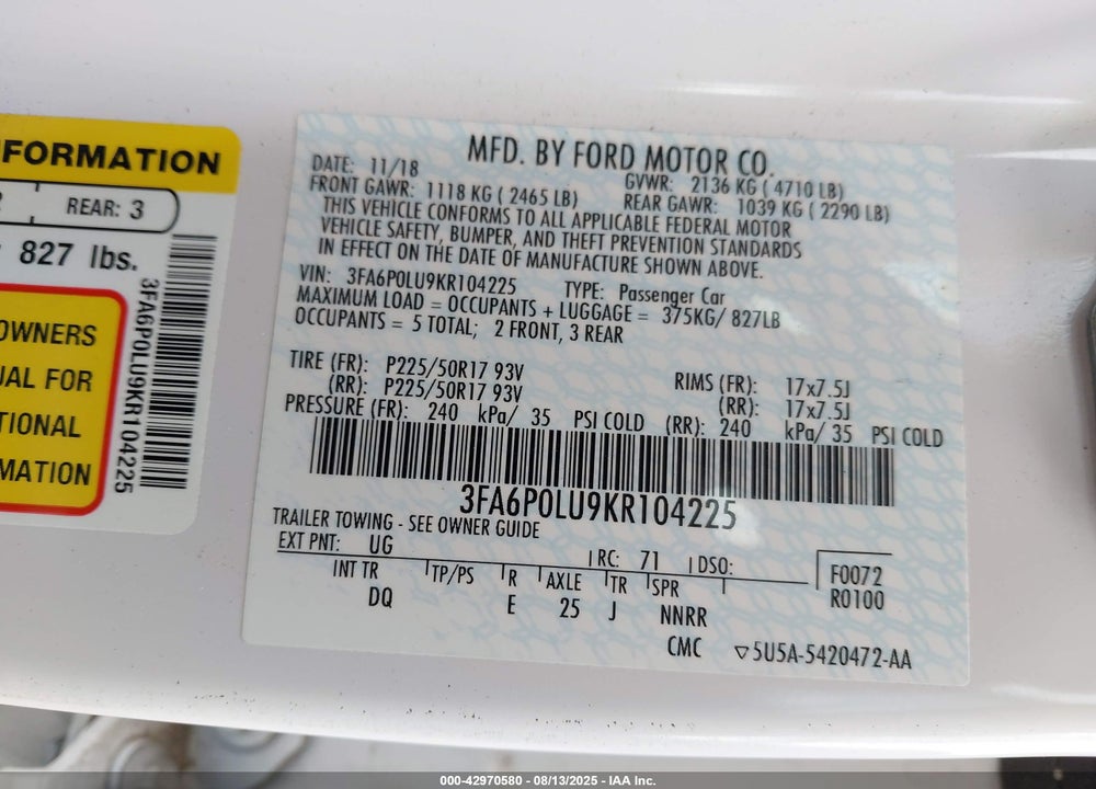 2019 FORD FUSION HYBRID SE VIN: 3FA6P0LU9KR104225