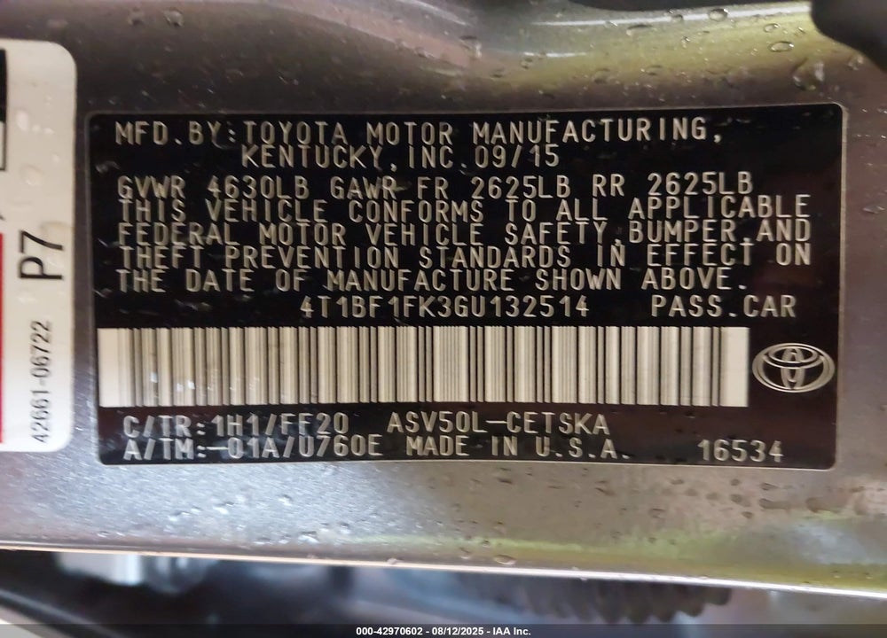 2016 TOYOTA CAMRY SE VIN: 4T1BF1FK3GU132514