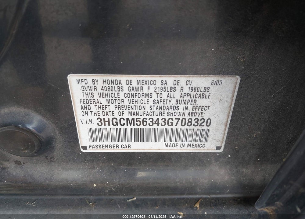 2003 HONDA ACCORD 2.4 LX VIN: 3HGCM56343G708320