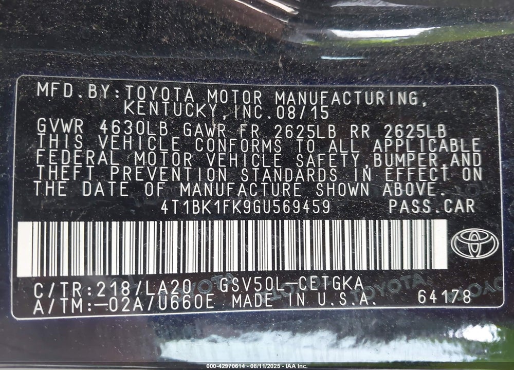 2016 TOYOTA CAMRY VIN: 4T1BK1FK9GU569459
