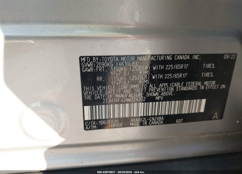 2022 TOYOTA RAV4 LE VIN: 2T3H1RFV2NW224302