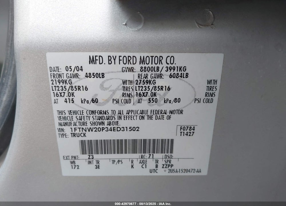 2004 FORD F-250 LARIAT/XL/XLT VIN: 1FTNW20P34ED31502