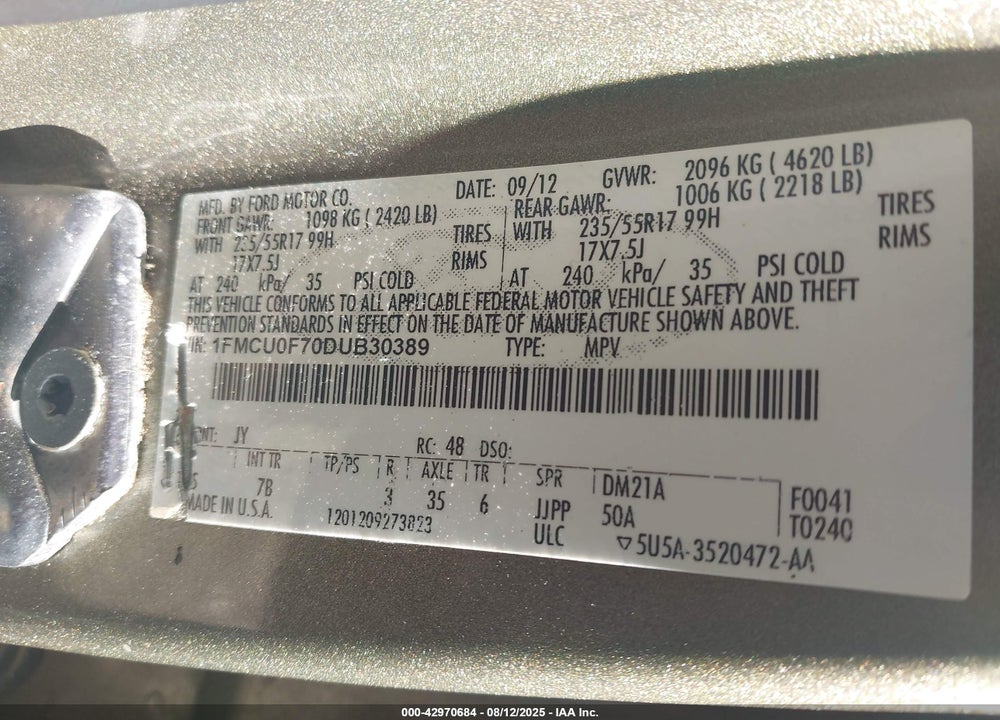 2013 FORD ESCAPE VIN: 1FMCU0F70DUB30389