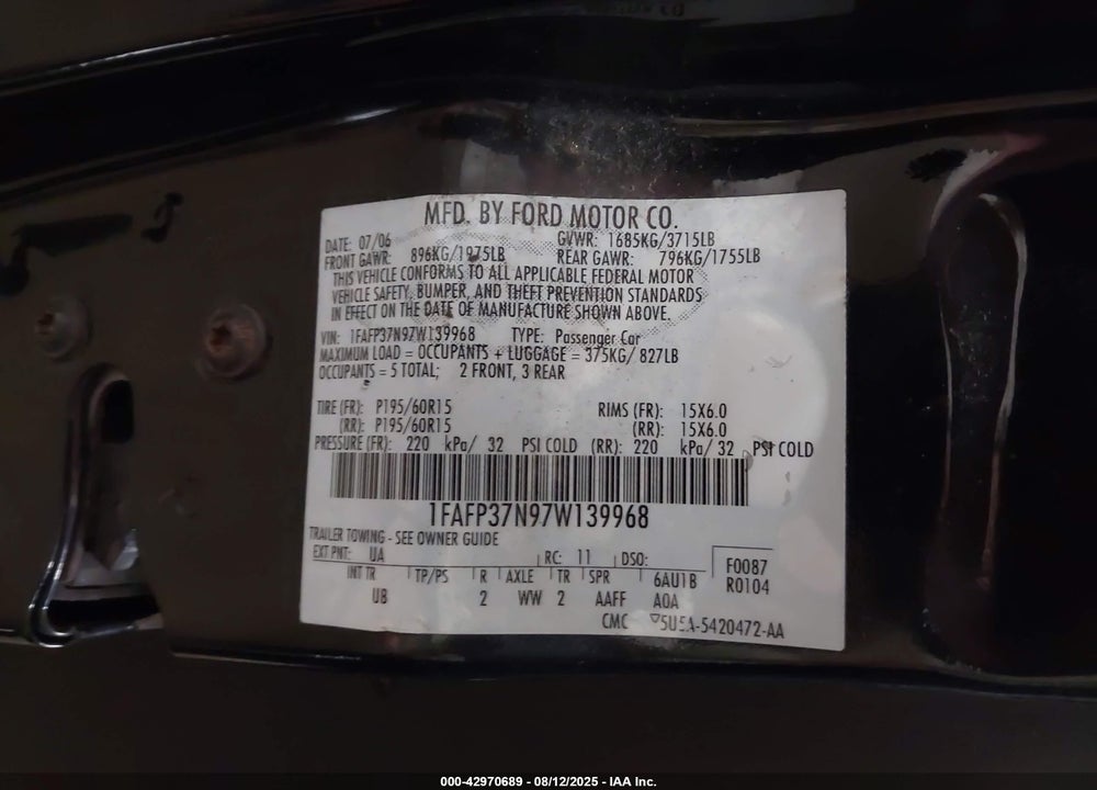 2007 FORD FOCUS S/SE/SES VIN: 1FAFP37N97W139968