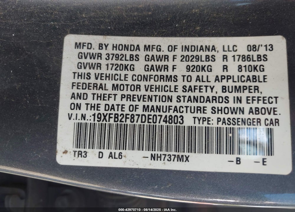 2013 HONDA CIVIC VIN: 19XFB2F87DE074803
