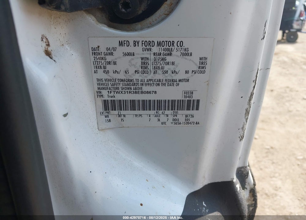 2008 FORD F-350 FX4/LARIAT/XL/XLT VIN: 1FTWX31R38EB08678