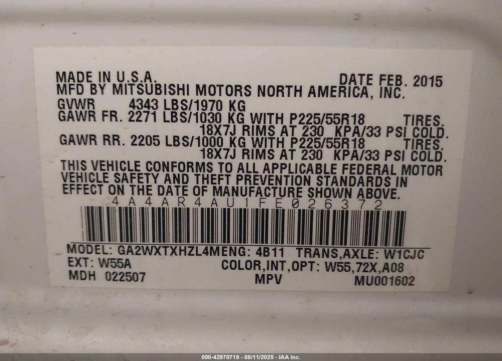 2015 MITSUBISHI OUTLANDER SPORT VIN: 4A4AR4AU1FE026372