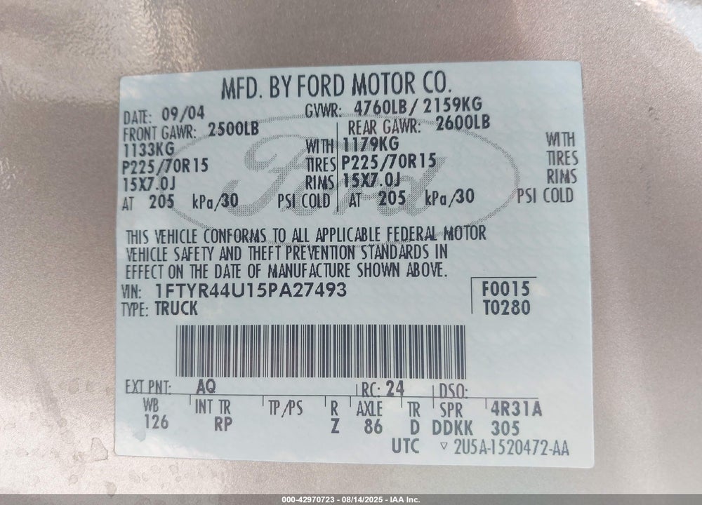 2005 FORD RANGER EDGE/STX/XLT VIN: 1FTYR44U15PA27493