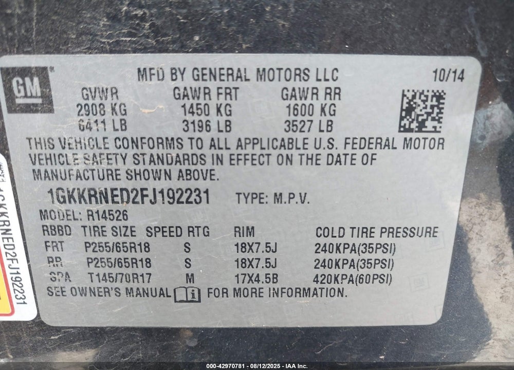 2015 GMC ACADIA VIN: 1GKKRNED2FJ192231