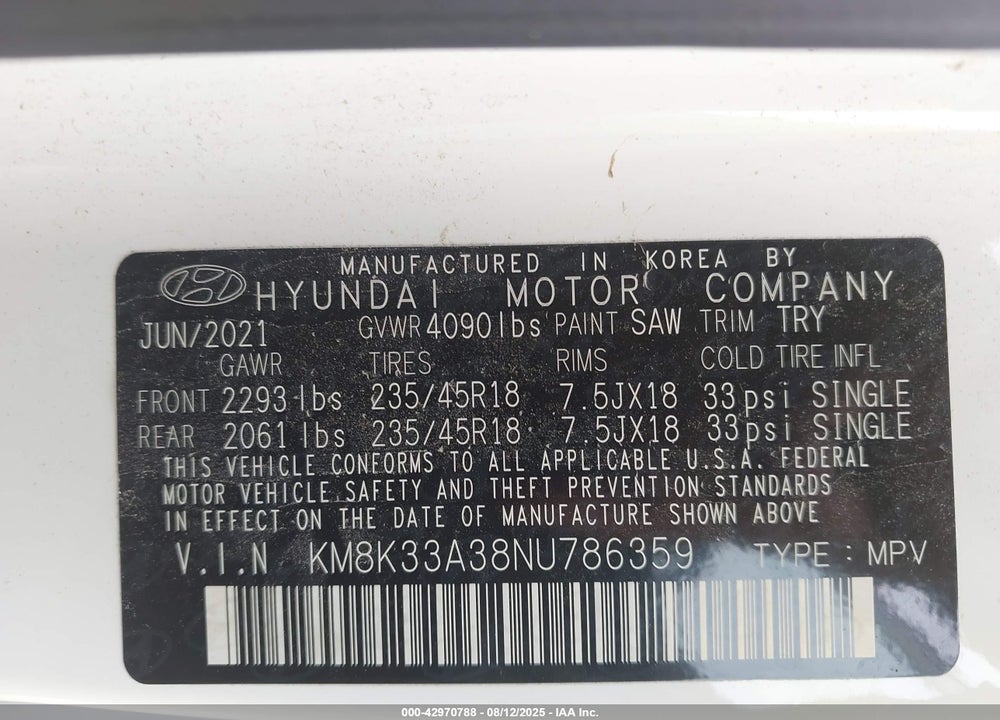 2022 HYUNDAI KONA VIN: KM8K33A38NU786359