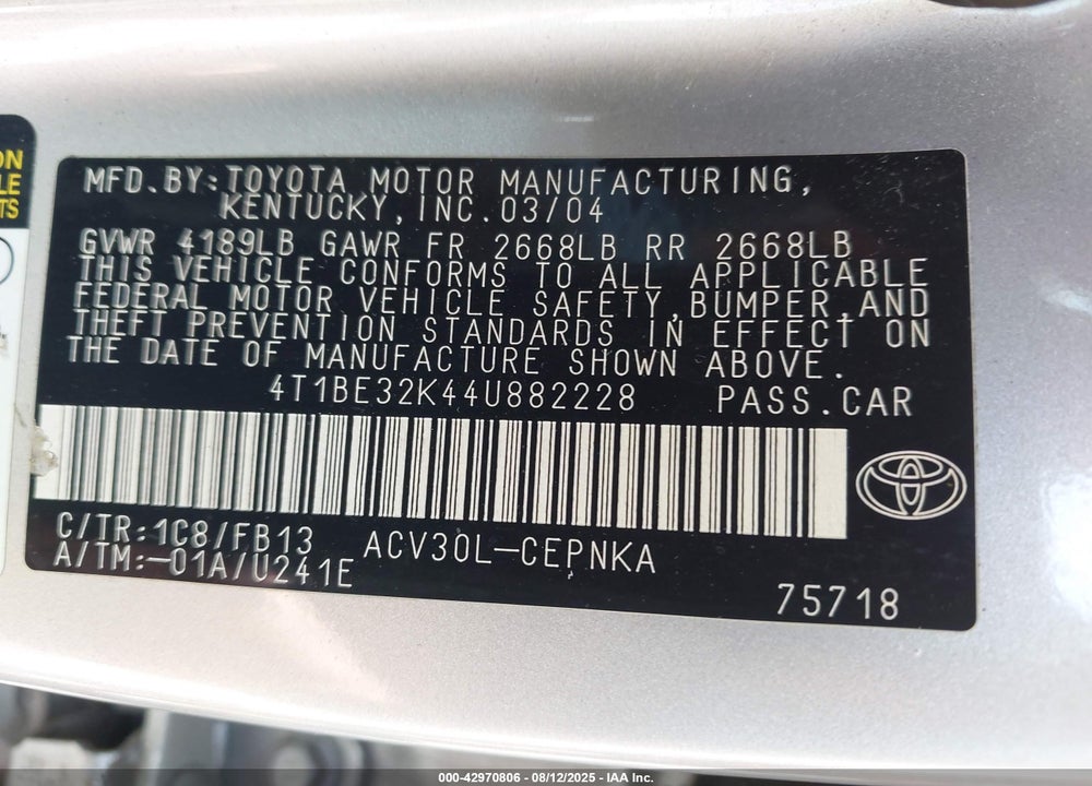 2004 TOYOTA CAMRY LE VIN: 4T1BE32K44U882228