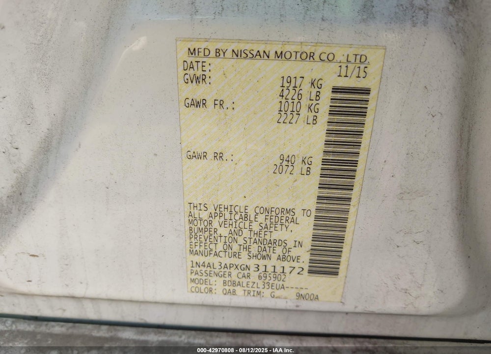 2016 NISSAN ALTIMA VIN: 1N4AL3APXGN311172
