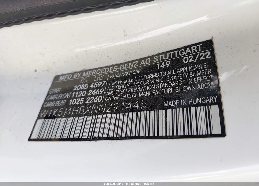 2022 MERCEDES-BENZ CLA-CLASS VIN: W1K5J4HBXNN291445